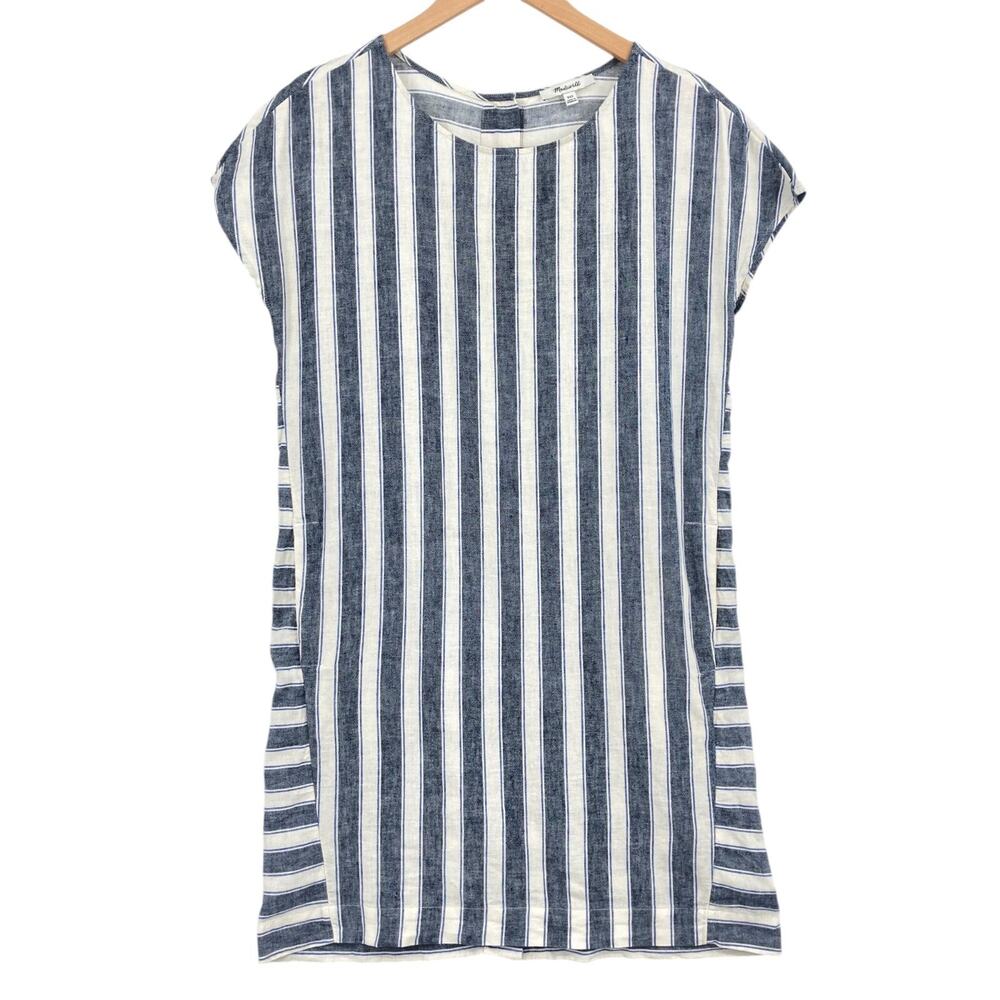 Madewell Dress Womens 2XS Blue Striped Coastal Linen Cap Sleeve Button Back